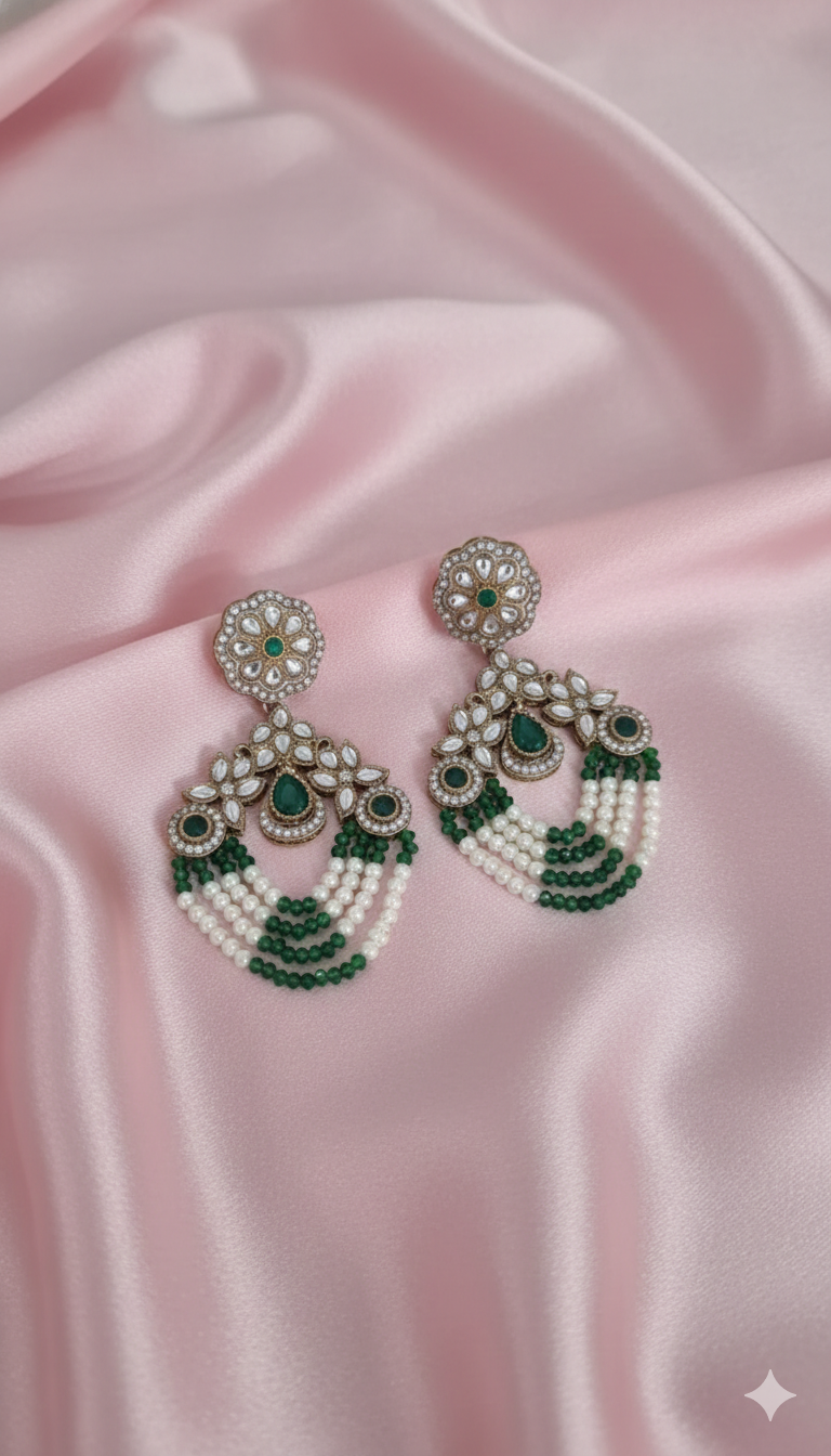 Emerald Green Multi-Strand Pearl Beaded Dangles Earrings